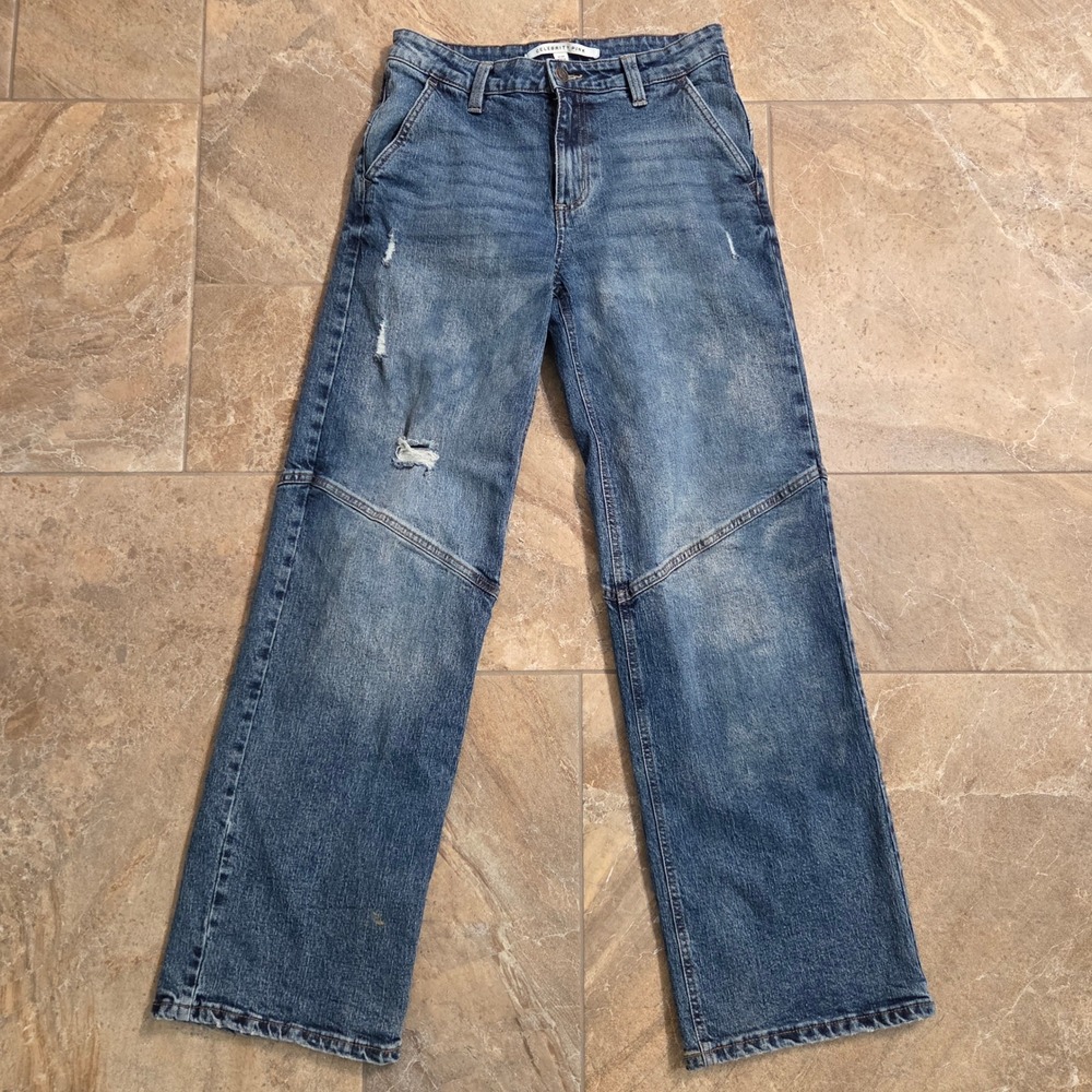 Celebrity Pink Womens Distressed Wide Leg Jeans Seamed Knee Medium Wash 3/26